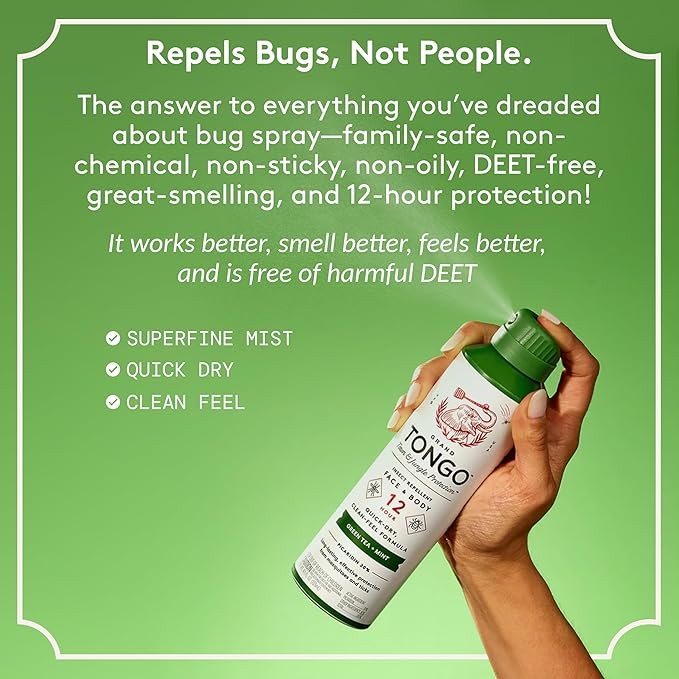 Green Tea + Mint Insect Repellent, 12-Hour Mosquito &amp; Tick Protection, Picaridin-Based, Water-Based, Lightweight, Quick-Drying, Vanishing Scent, DEET Alternative, Face &amp; Body Use, 3 Pack
