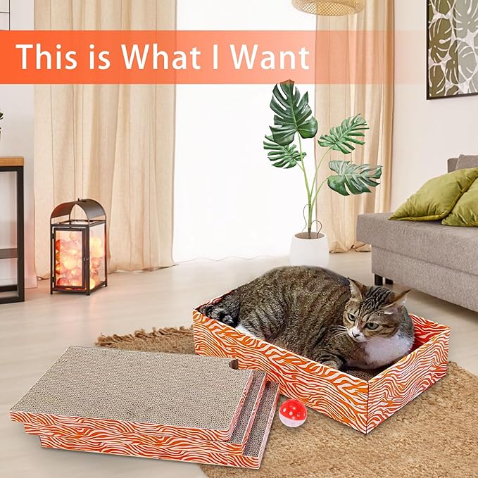 Cat Scrather Box with 4 pcs Large Scratching Cardboard and Toy Ball, Catnip, 4 in 1 Large Refillable &amp; Reversible Cat Scratcher Pad, Cardboard Cat Bed for Big Medium Small Lazy Kitty