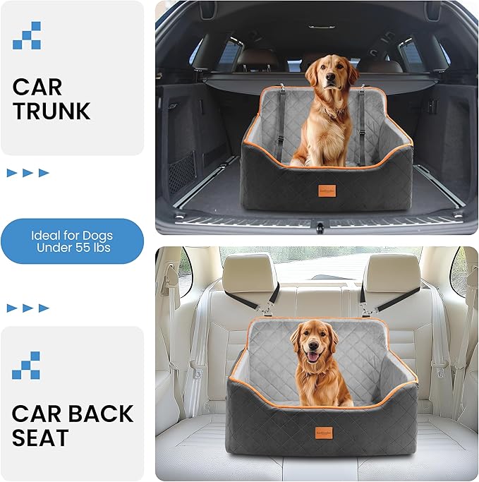 Dog Car Seat for Medium Dogs - Pet Car Seat with 2 Safety Straps &amp; Waterproof Padding, Portable Pet Carrier for Cars, Trucks &amp; SUVs, Comfortable Booster Bed for Pets Up to 55lbs (Black/Grey)