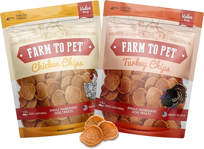 Farm To Pet - Dog Treats Chicken &amp; Turkey Chip Protein Value Pack, 100% All Natural, Single Ingredient Training Treats, Made in USA, for Small, Medium, and Large Dogs