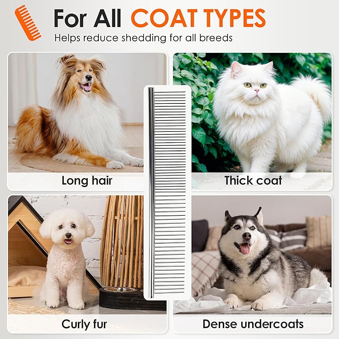 Dog Comb to Remove Tangles and Knots, Cat Comb with Stainless Steel Teeth and Non-Slip Handle, Dog combs for grooming matting for Long Haired Pets (Large &amp; Small)