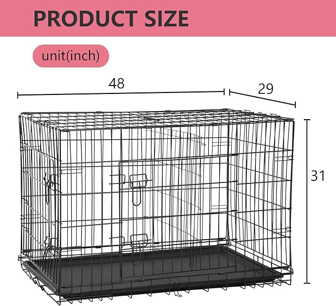 FDW Extra Large Dog Crate Dog Kennel Cage with Double Door,48 inch Folding Metal Wire Dog Cage with Removable Tray&amp;Divider Panel,Pet Crate for Large Dogs,Black