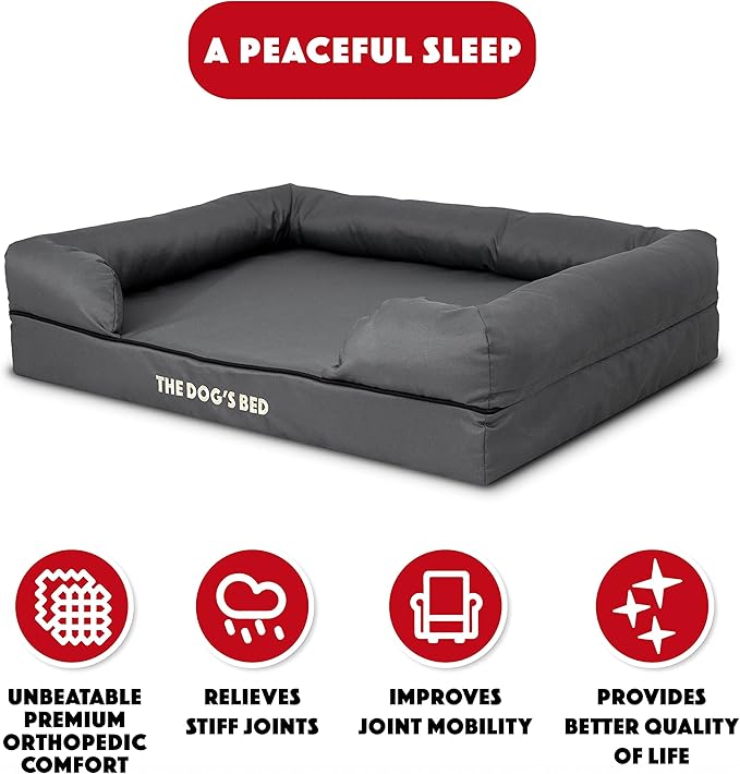 The Dog’s Bed Large Grey with Black Trim 36x27, Waterproof, Veterinary Grade Memory Foam, Pain Relief: Arthritis, Hip &amp; Elbow Dysplasia, Post Surgery, Supportive, Washable Cover, Veterinary-Approved