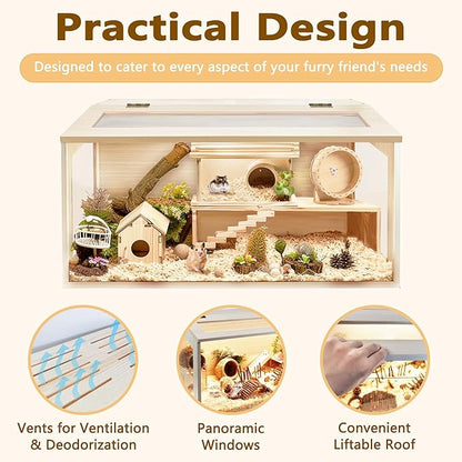 Prolee Hamster Cage Chewproof Wood, Mice and Rat Habitat Openable Top with Acrylic Sheets Solid Built, Small Animal Cage, 40 Inch Length