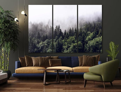 Nature Wall Art Prints - Ocean Forest Mountain Lake Canvas Landscapes - Small to Extra Large Living Room Bedroom Kitchen Bathroom Décor (Foggy Pine Forest, 31L" x 47W" - 3 Panels)