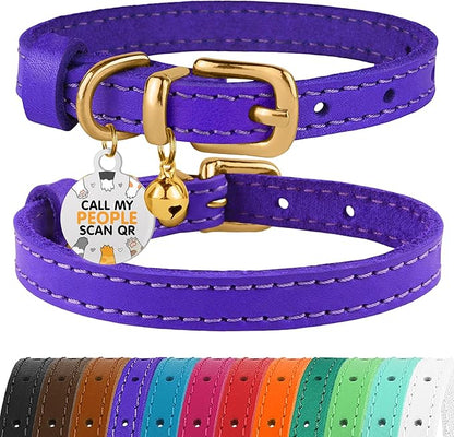 BRONZEDOG Leather Cat Collar with Removable Bells Non Breakaway Kitten QR Tag for Girl Boy (9" - 12" Cats/Mini Dogs, Purple &amp; Gold)