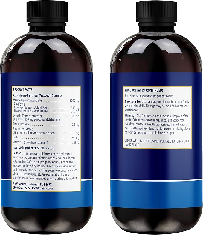 Rx Vitamins Ultra EFA Omega 3 Fish Oil for Dogs &amp; Cats - Promotes Heart, Brain, and Joint Health with Vitamin E, Biotin, and Zinc - Liquid Fish Oil for Itch Relief, Dog Shedding, Coat Health - 8 oz