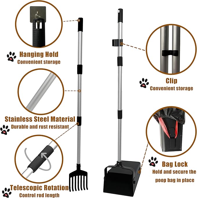Pooper Scooper Metal 38" Long Adjustable Handle Swivel Bin &amp; Rake for Large &amp; Small Dogs Non-Breakable Dog Poop Scooper Easy to Clean Pet Waste Use on Grass, with 20 Waste Bags
