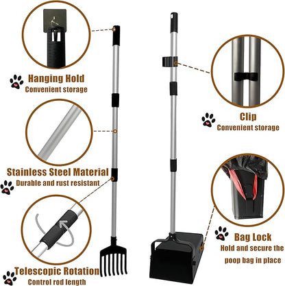 Pooper Scooper Metal 38" Long Adjustable Handle Swivel Bin &amp; Rake for Large &amp; Small Dogs Non-Breakable Dog Poop Scooper Easy to Clean Pet Waste Use on Grass, with 20 Waste Bags