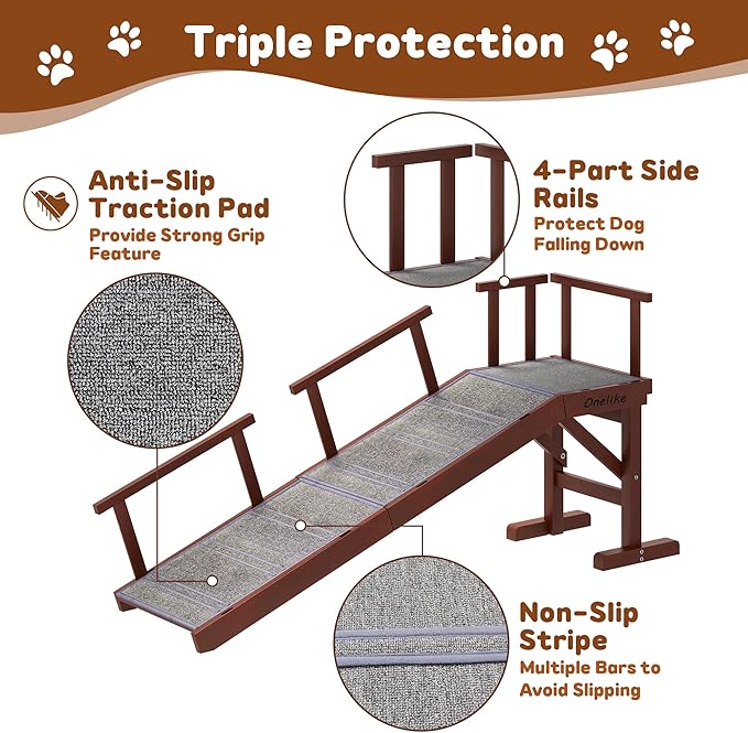 Onelike Wooden Dog Ramp for Bed with Removable Side Rail and Non-Slip Carpet, Stable Pet Ramp Stair for Couch Sofa for Small &amp; Large &amp; Senior Dogs, 60" Long Ramp Brown