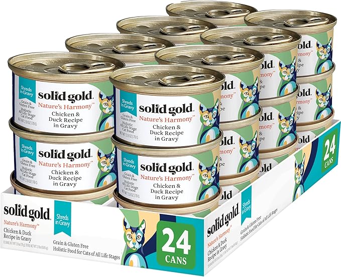Solid Gold Wet Cat Food Shreds in Gravy - Healthy Canned Cat Food Made w/Real Chicken &amp; Duck Shreds, Vitamins &amp; Minerals - Grain Free &amp; Gluten Free Canned Meals for Cats &amp; Kittens - 24ct/3oz Can