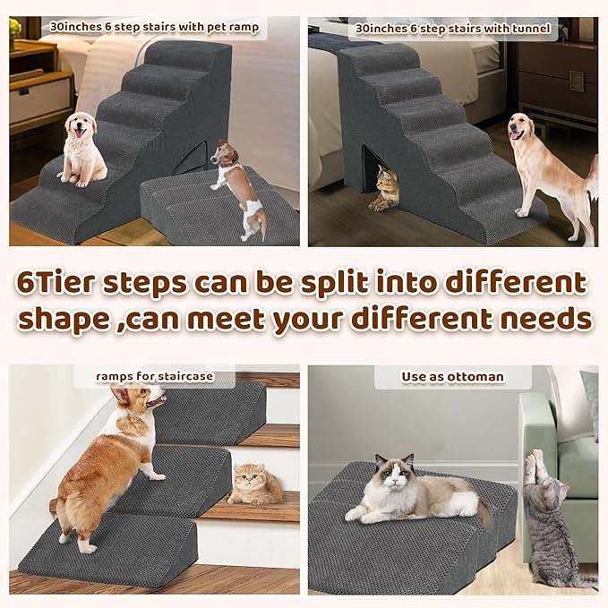 Dog Stairs &amp; Steps Ramps for High Beds 30 inches High Tall, LitaiL 6 Step Pet Stairs Steps for Small Large Dogs, Non-Slip Dog Ramps with 3 Pack Ramps for Staircase