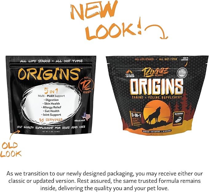 Origins 5-in-1 Dog Supplement - Powdered Food Topper w/Natural Omega 3 Fish Oil - Supports Healthy Digestion, Skin, and Coat - Helps Reduce Itching &amp; Joint Inflammation (2 lbs)