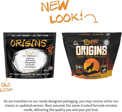 Origins 5-in-1 Dog Supplement - Powdered Food Topper w/Natural Omega 3 Fish Oil - Supports Healthy Digestion, Skin, and Coat - Helps Reduce Itching &amp; Joint Inflammation (2 lbs)