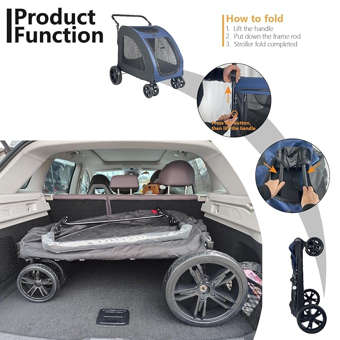 Extra Large Dog Stroller for Medium &amp; Large Pets - Foldable Design, Adjustable Handle, Up to 130 lbs(Red)