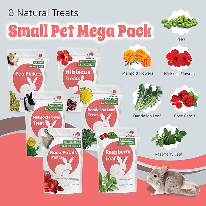 Snout and Shell Small Pet Mega Pack – 6 Natural Treats: Pea Flakes, Dandelion, Raspberry Leaf, Marigold, Rose Petals &amp; Hibiscus – For Rabbits, Guinea Pigs, Chinchillas &amp; More – Foraging &amp; Health Boost