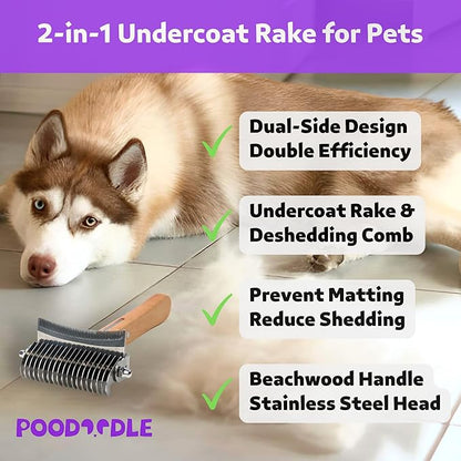 2 in 1 Undercoat Rake for Dogs and Cats, Professional Grooming Brush Dematting &amp; Shedding Comb to Remove Loose Hair, Matted Fur Efficiently, Perfect for Poodle, Doodle &amp; All Long Haired Pets