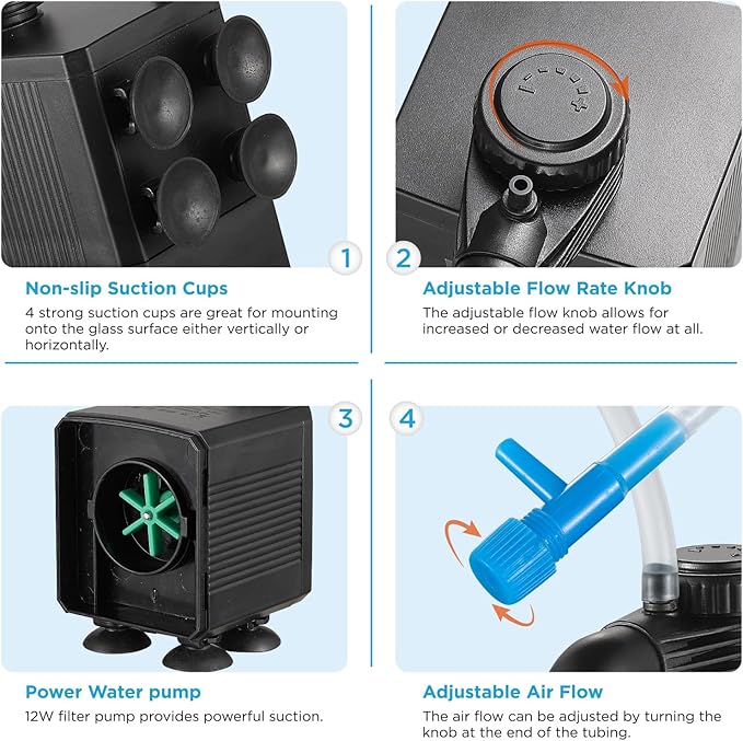 Internal Fish Tank Filter, 12W Adjustable Water Flow Submersible Aquarium Filter Pump for 40~60 Gallon Freshwater or 25~45 Gallon Saltwater, 2 Mode Aeration &amp; Rainfall, TE-900(250GPH)