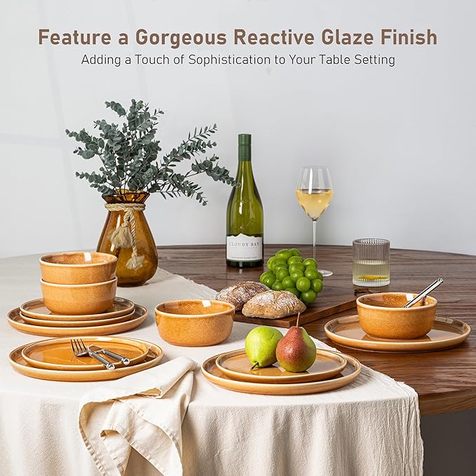 GBHOME Ceramic Dinnerware Sets for 4, 12 Pieces Stoneware Plates and Bowls Sets, Scratch Resistant Dishes, Dishwasher &amp; Microwave Safe, Reactive Glaze-Amber