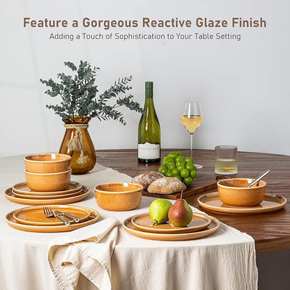 GBHOME Ceramic Dinnerware Sets for 4, 12 Pieces Stoneware Plates and Bowls Sets, Scratch Resistant Dishes, Dishwasher &amp; Microwave Safe, Reactive Glaze-Amber