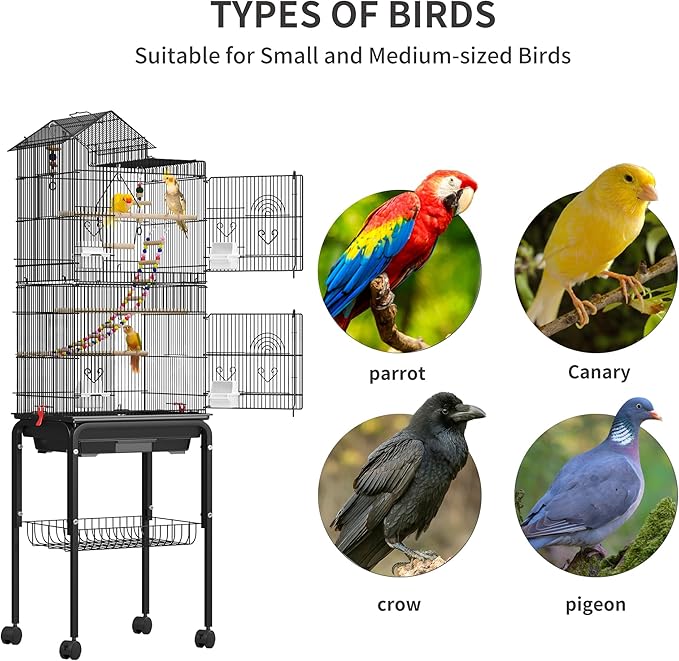 YITAHOME 62 Inch Large Bird Cage - Metal Flight Cage with Rolling Stand, Feeding Doors &amp; Hanging Accessories for Parrots Cockatiels Conures Lovebirds Parakeets Small Birds