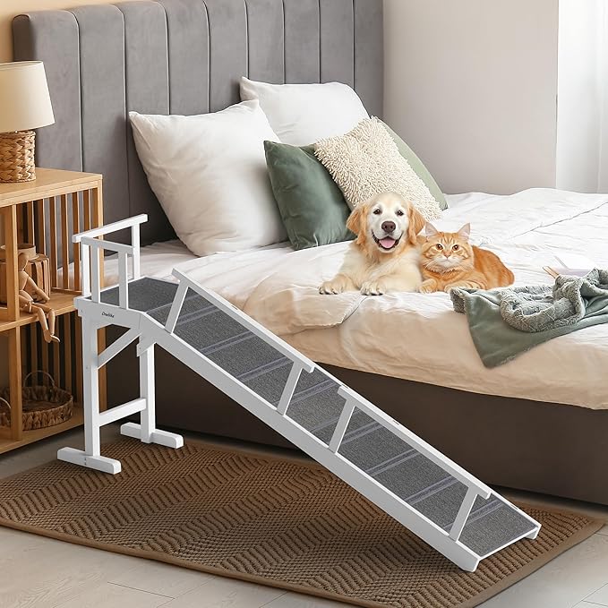Onelike Wooden Dog Ramp for Bed with Removable Side Rail and Non-Slip Carpet, Stable Pet Ramp Stair for Couch Sofa for Small &amp; Large &amp; Senior Dogs, 74" Long Ramp White