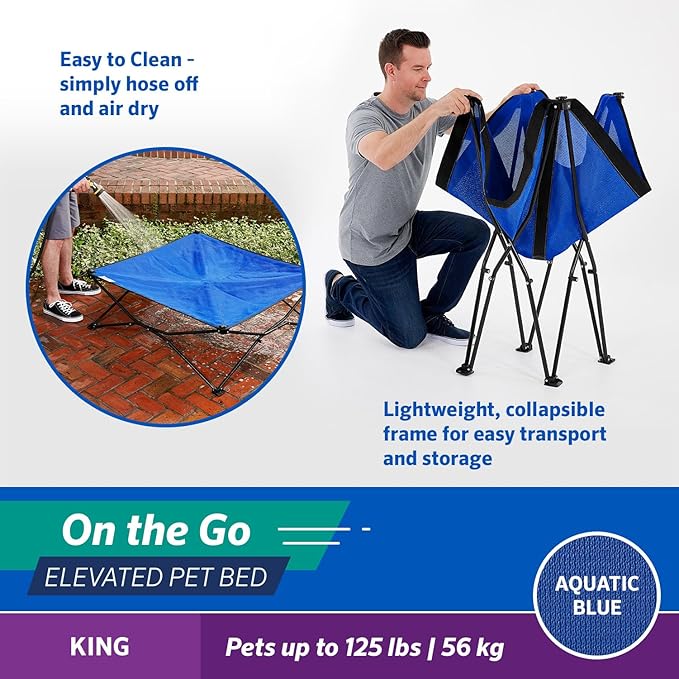 Coolaroo On-The-Go Elevated Dog Bed - Foldable Pop-Up Travel Dog Bed with Breathable, Moisture-Resistant Fabric, Carry Bag Included, Lightweight &amp; Portable, Aquatic Blue, Extra Large