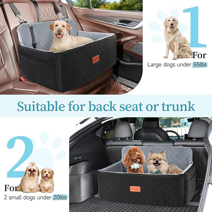 Dog Car Seat for Medium/Large Dogs, Pet Booster Seat for Under 55 lbs or 2 Small Dogs, Detachable &amp; Washable Dog Car Bed for Backseat with 2 Safety Leashes (Black/Grey)