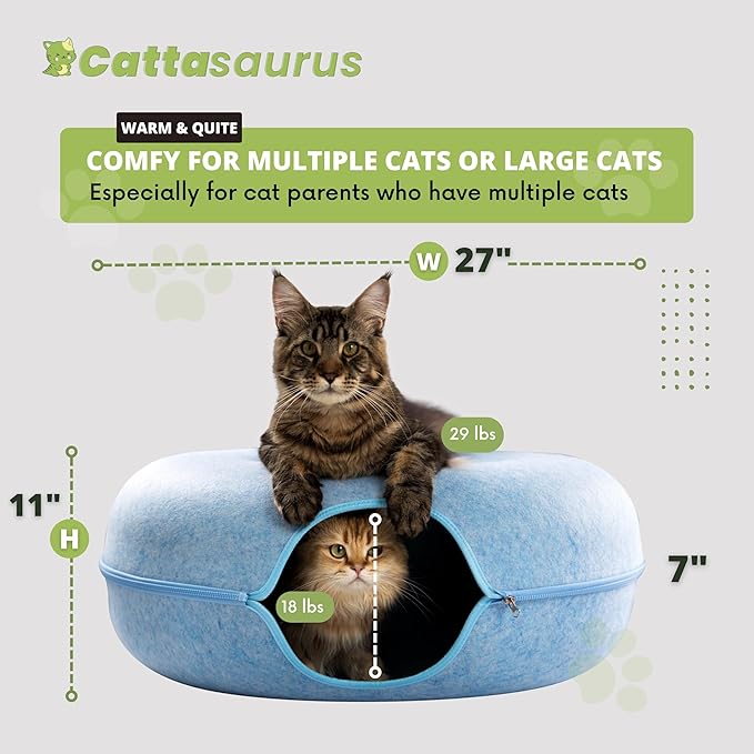 Cattasaurus Peekaboo Cat Cave for Multiple &amp; Large Cats Up to 30-45 Lbs, Scratch Detachable &amp; Washable Tunnel Bed, Comfy Donut Cat Cave (Blue, Jumbo)