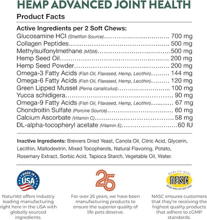 NaturVet Hemp Advanced Joint Health Dog Supplement Plus Hemp Seed – Helps Support Joint Health in Dogs – Includes, Collagen, Glucosamine, MSM, Chondroitin, Omegas – 60 Ct.