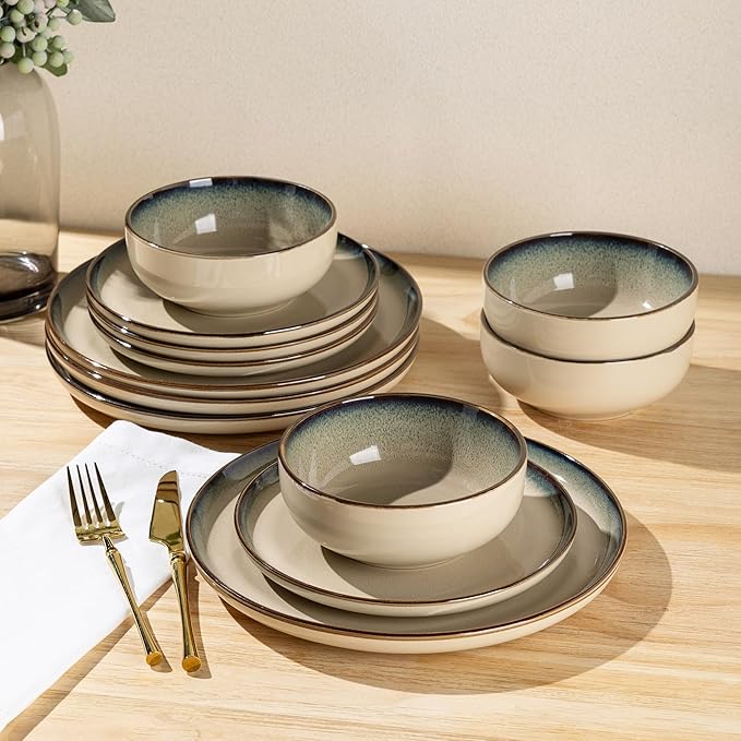 GBHOME Ceramic Dinnerware Sets for 4, 12 Pieces Stoneware Plates and Bowls Sets, Scratch Resistant Dishes, Dishwasher &amp; Microwave Safe, Reactive Glaze-Gravel