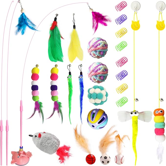 Cat toy pack with 27PCS self play accessories for indoor cats-cat teaser wand, fishing pole, suction cup, ball, string, mouse, feathers and hanging interactive cat toys for kitten Exercise &amp; Chase