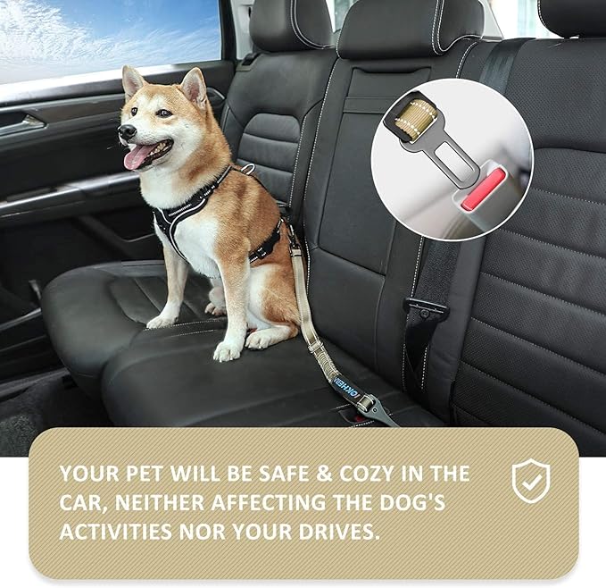IOKHEIRA Dog Seat Belt 3-in-1 Car Harness for Dogs Adjustable Safety Seatbelt for Car Durable Nylon Reflective Bungee Fabric Tether with Clip Hook Latch &amp; Buckle, Swivel Zinc Alloy Carabiner Green