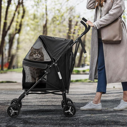 MoNiBloom 4 Wheels Pet Stroller, Easy-Fold Puppy Cage Jogger Stroller with Sun Cover, Pad and Rear Storage Bag, Breathable and Visible Mesh for Small/Medium Pets up to 22 lbs, Black