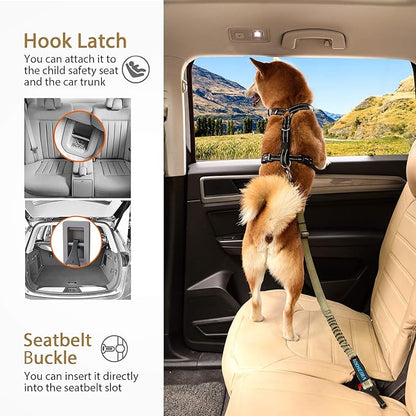 IOKHEIRA Dog Seatbelt, Universal Reflective Bungee Dog Car Harness with Hook Latch &amp; Seatbelt Buckle, Swivel Aluminum Carabiner, Green