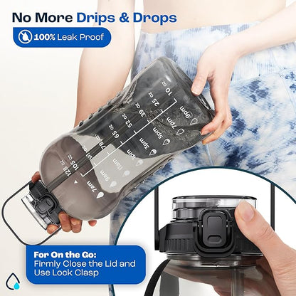 AQUAFIT 128 oz Water Bottle with Time Marker - 2in1 Straw &amp; Chug Lid - BPA Free Big Jug with Straw - Gym Water Bottle with Strap (128 Ounces, Clarity)