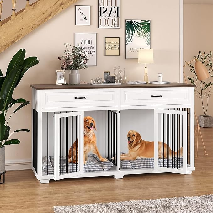 Large Dog Crate with Double Rooms, 72" Heavy Duty Wooden Dog Cage Furniture Dog Crate Kennel with Drawers &amp; Removable Divider,Indoor Luxury Dog House for Large Dogs,White