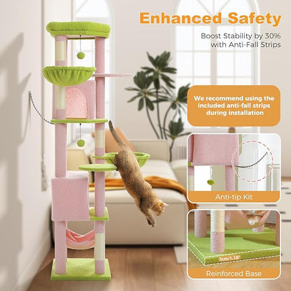 71.2" Large Cat Tree for Multi-Cat Households - Heavy-Duty 9-Level Cat Tower w/5 Sisal Scratching Posts, 2 Condos, 3 Hammocks, Extra-Large Perch &amp; Pompoms - Space-Saving, Pink