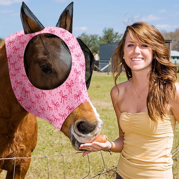 Chunful 6 Pcs Horse Fly Masks with Ears Smooth and Comfortable Cashel Mesh Fly Mask Elasticity Breathability UV Protection Horse Face Covering for Riding Supplies(Pink Bow,Large)