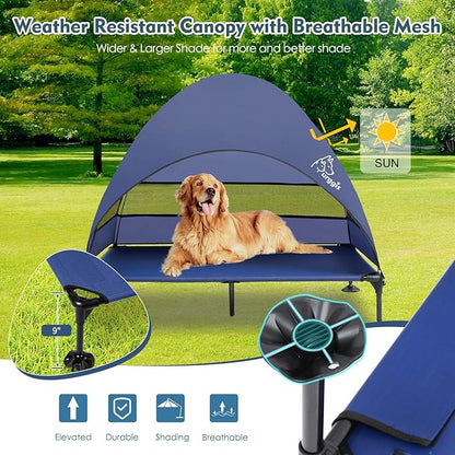 Upgraded Elevated Dog Bed with Canopy, Portable Raised Outdoor Dog Bed with Stable Anti-Slip Feet, Wider Shade Pet Bed Cot, Raised Dog Beds for Large Dogs Camping, Indoor &amp; Outdoor Use