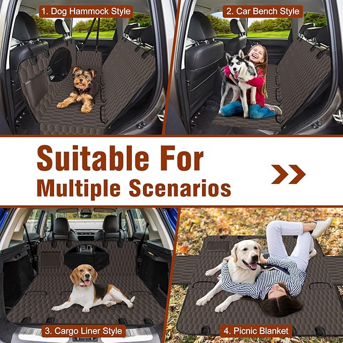 Waterproof Dog Car Seat Cover - Scratch Proof Nonslip Back Seat Hammock with Mesh Window &amp; Storage Pocket for SUVs/Trucks/Sedans-S, Brown/Black