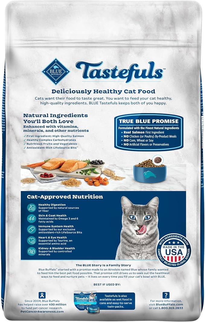 Blue Buffalo Tastefuls Natural Dry Food for Adult Indoor Cats, Salmon &amp; Brown Rice Recipe, 15-lb. Bag
