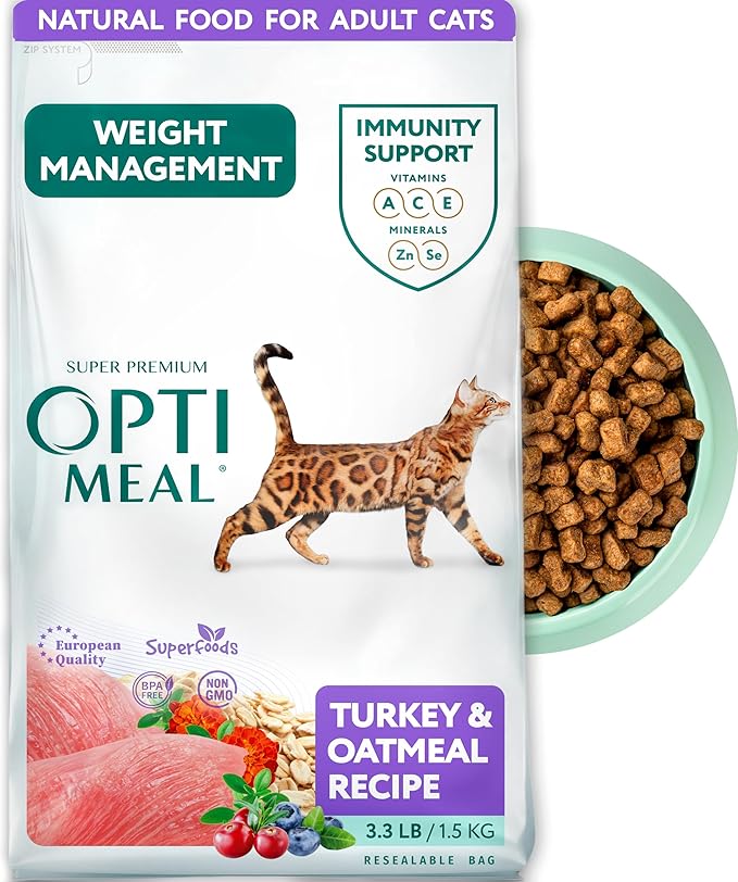Optimeal Weight Control Dry Cat Food Recipe with Metabolism Support for Healthy Digestion, Premium Nutrition Made with Natural Ingredients for Adult Cats Maintenance (3.3 lbs, Turkey &amp; Oatmeal)