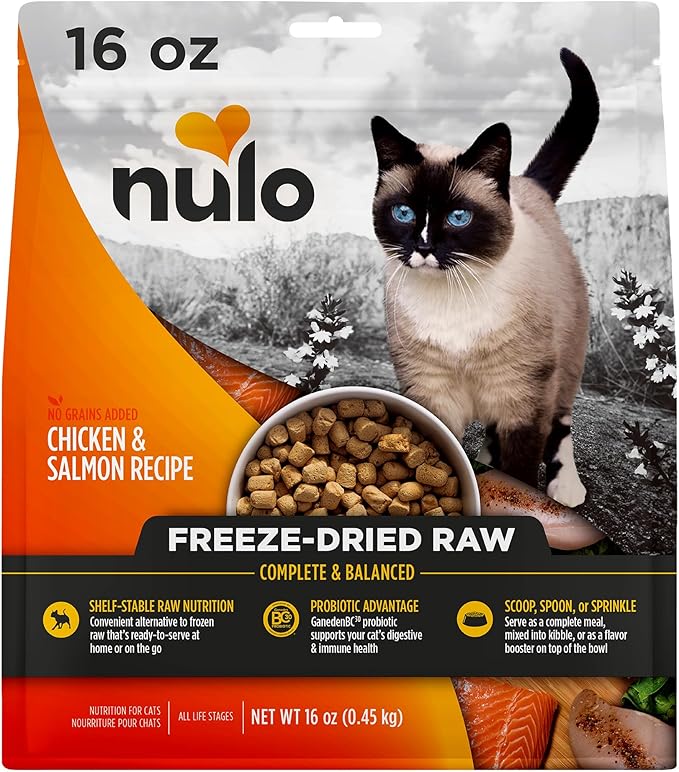Nulo Freestyle Freeze-Dried Raw, Ultra-Rich Grain-Free Dry Cat Food for All Breeds and Life Stages with BC30 Probiotic for Digestive and Immune Health, Chicken &amp; Salmon, 16 Ounce