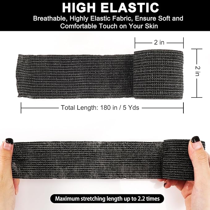 24 Pack Self Adhesive Bandage Wrap, 2” x 5 Yards Elastic Cohesive Bandage Wrap Black Athletic Tape Grip Tape for Ankle, Wrist Sprains, Sports Injuries &amp; Pet First Aid | Medical Sports Tape