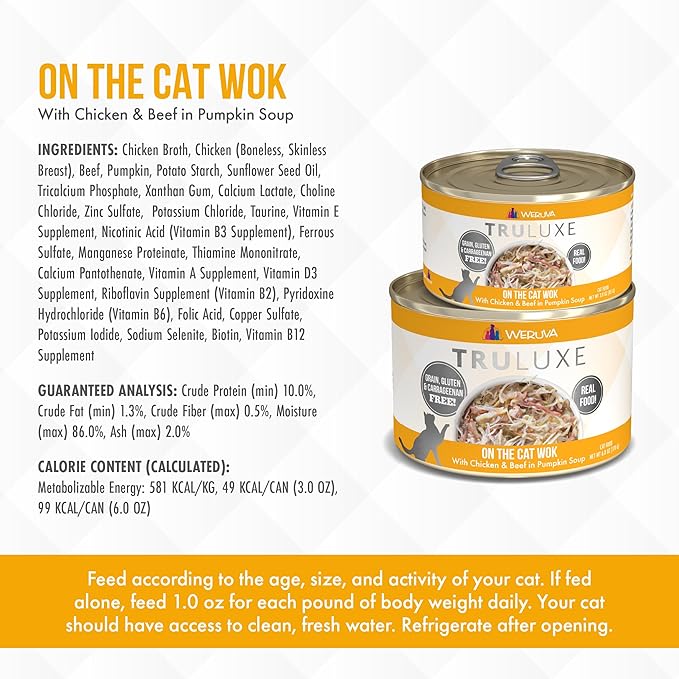 Weruva TruLuxe Cat Food, On The Cat Wok with Chicken Breast &amp; Beef in Pumpkin Soup, 6oz Can (Pack of 24)