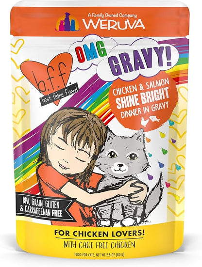 Weruva B.F.F. OMG - Best Feline Friend Oh My Gravy!, Chicken &amp; Salmon Shine Bright with Chicken &amp; Salmon in Gravy, 2.8oz Pouch (Pack of 12)