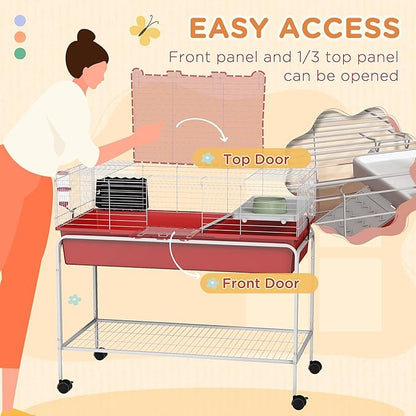 PawHut Two-Story Small Animal Cage Removable from Stand, Guinea Pig Cage with Shelf &amp; Wheels, Pet Habitat for Hedgehog, Chinchilla, Ferret, 39" x 20.5" x 36.5", Red