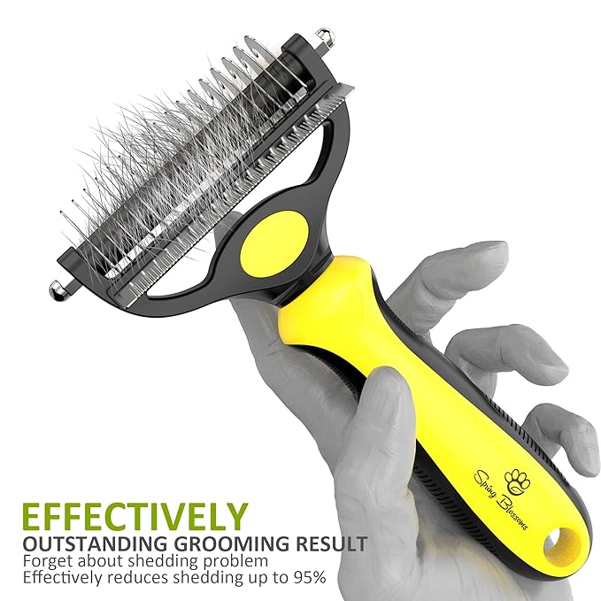 Spring Blossoms-2 in 1 Professional Grooming Rake for Cats &amp; Dogs-Dematting Comb for Easy Mats &amp; Tangles Removing,Pet Brush Safe No More Nasty Shedding and Flying Hair (Lemon Yellow)