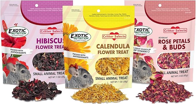 Exotic Nutrition Flower Treat 3 Pack - Healthy Assortment - Hibiscus, Calendula, Rose - for Squirrels, Guinea Pigs, Rabbits, Chinchillas, Prairie Dogs, Degus, Hamster, Gerbils, &amp; Other Herbivores